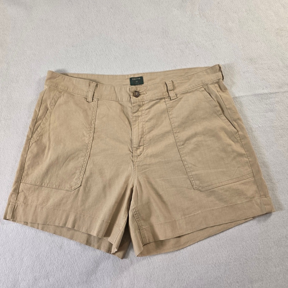 Orvis‎ Womens Khaki Linen Sorona Blend Patch Pocket Shorts Size 18 NWOT Minimal